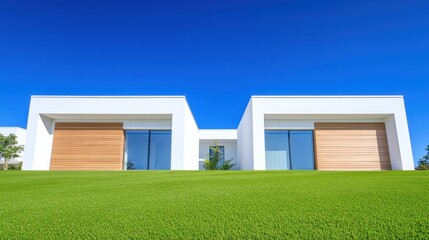 Fototapeta premium Modern Minimalist House with Large Windows and Green Lawn Under Blue Sky