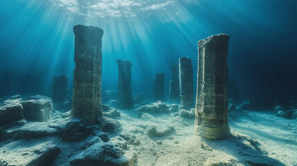 Sunbeams Illuminate Sunken Ruins Underwater