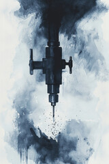 Industrial Watercolor Art with Dark Blue and Black Tones Depicting Machinery