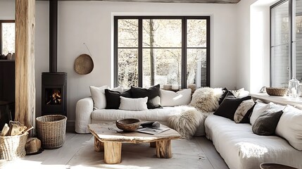Warm and inviting living room with a linen corner sofa, fur pillows for added comfort, a rugged brick fireplace, and earthy accents such as woven baskets and clay decor,