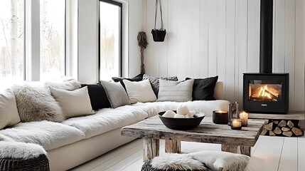 Warm and inviting rustic space with a neutral corner sofa, fluffy fur pillows for comfort, a glowing modern black fireplace, and a reclaimed wood coffee table surrounded by natural decor elements,