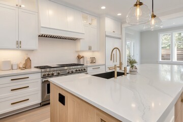 Fototapeta premium interior lighting design, simple recessed ceiling lights in a modern kitchen, highlighting clean lines and a bright, open space