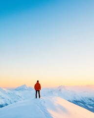 Adventurer on Snowy Peak at Sunset Majestic Mountain Landscape