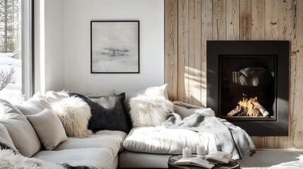 Warm rustic living room featuring a neutral corner sofa with fluffy pillows, a sleek black fireplace framed by natural wood panels, and sunlight gently highlighting the textures, hd quality,
