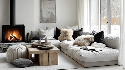 Warm Scandinavian charm featuring a light gray corner sofa, fur pillows for texture, a glowing stone fireplace, and minimalist wooden furniture, natural light streaming through sheer curtains,