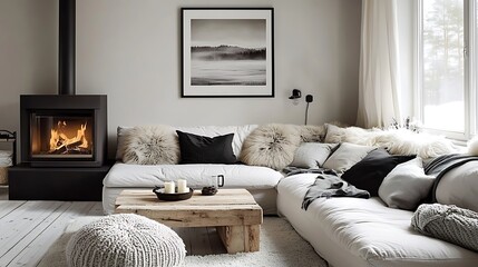 A calm and modern monochromatic living room with a white corner sofa, cozy fur cushions, a matte black fireplace, and raw wooden flooring,