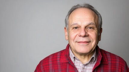 Fototapeta premium Smiling Senior Man in Red Checkered Shirt with Gray Background