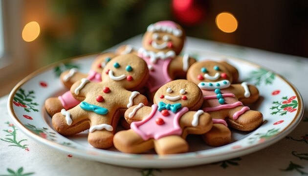 Gingerbread Men and Women Cookies with Icing and Colorful Decorations on a Festive Plate Ready for Holiday Enjoyment