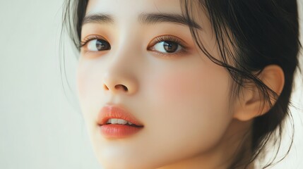 Fototapeta premium A young woman with soft makeup and glowing skin looks at the camera.
