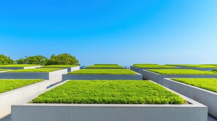 Obraz premium Green Rooftop Garden with Geometric Planters Under Clear Blue Sky