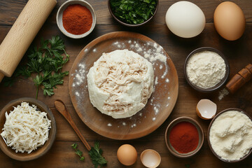 Fototapeta premium Flat-lay of coxinha ingredients: shredded chicken, cream cheese, flour, breadcrumbs, eggs, spices, and herbs. A partially formed coxinha sits in the center, highlighted by warm lighting and natural to