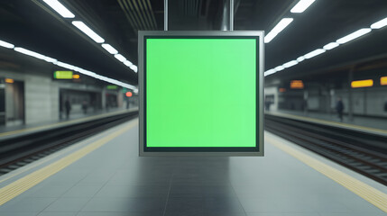 Vertical digital display pillar with a pure chroma-green screen in a subway, ready for advertisements or announcements, set against the modern, bustling atmosphere of an underground station