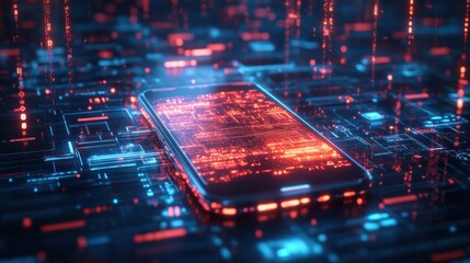 Obraz premium A smartphone glowing with red and blue light sits on a digital circuit board.