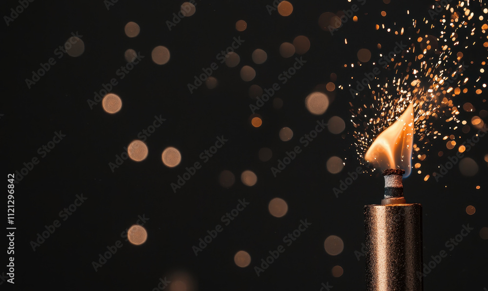 Poster sparkling candle flame on dark background with warm bokeh effect