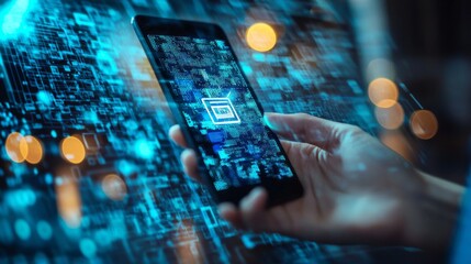 A user interacts with a smartphone displaying a digital interface, illustrating the power of fintech solutions. QR code scanning offers a seamless transaction experience in modern commerce