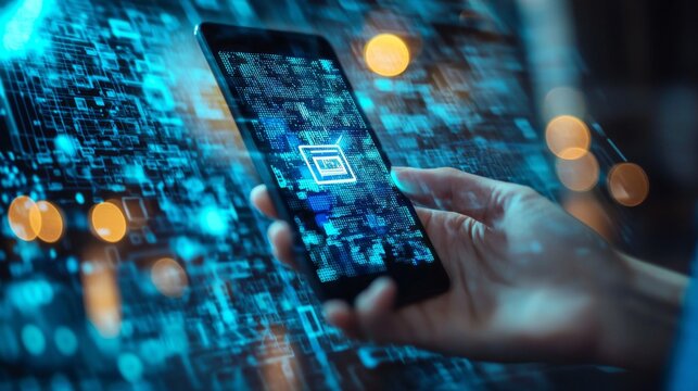 A user interacts with a smartphone displaying a digital interface, illustrating the power of fintech solutions. QR code scanning offers a seamless transaction experience in modern commerce