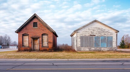 Obraz premium Two Abandoned Buildings on a Country Road