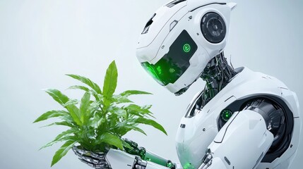 A robot nurturing a plant, symbolizing technology and nature.