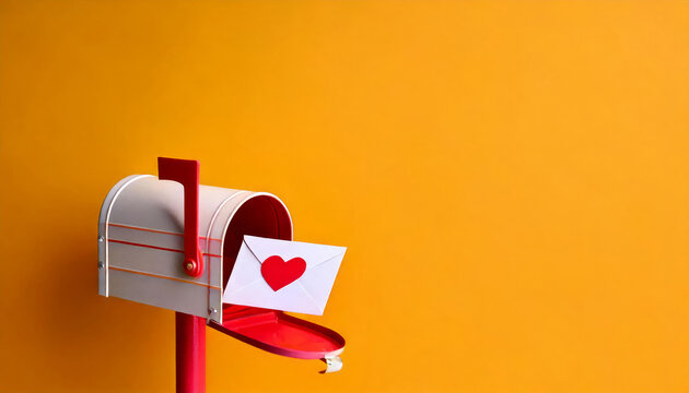 A small mailbox with a love note peeking out, set against a bright orange background.