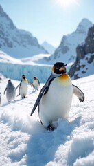 Obraz premium Emperor Penguin Walking on Snowy Antarctic Slope with Mountain Peaks