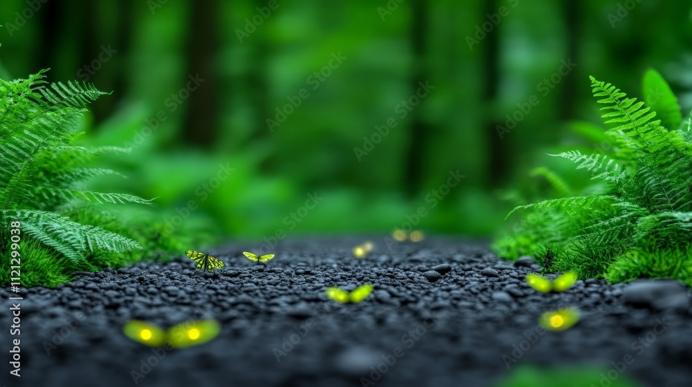 Poster enchanted forest path: a mystical forest path bathed in the ethereal glow of fireflies, creating a c