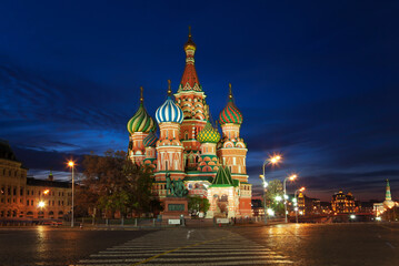 St. Basil's Cathedral on Red Square illuminated at night. Moscow, Russia