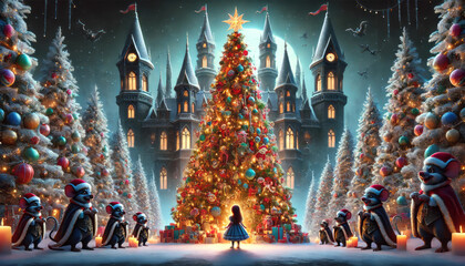 A young girl stands before a glowing Christmas tree surrounded by festive mice in Santa hats, against a magical castle backdrop.