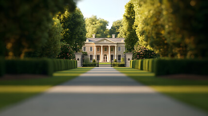 Obraz premium Wide Shot of the Front Gate to an English Country Mansion - Grand Entrance Surrounded by Lush Landscaping and Classic Architecture