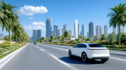 A modern electric vehicle driving through a vibrant cityscape.
