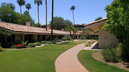 Obraz premium Senior care facility exterior with well-maintained garden and welcoming entrance. Emphasizing comfort and dignity in elderly living environments.