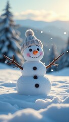 Obraz premium Magical Winter Landscape with Snowflakes Falling Gently and a Snowman with a Carrot Nose Creating a Perfect Winter Wonderland