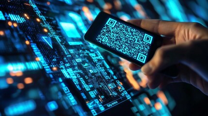A hand holds a smartphone displaying a QR code against a vibrant, illuminated circuit board. This blend of technology highlights the impact of digital payment solutions in modern finance
