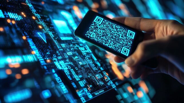 A hand holds a smartphone displaying a QR code against a vibrant, illuminated circuit board. This blend of technology highlights the impact of digital payment solutions in modern finance