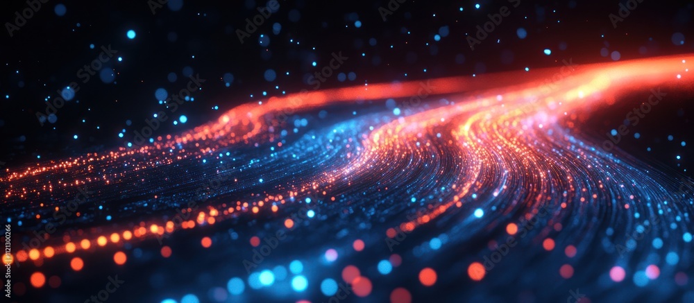 Poster abstract background with red and blue glowing lines and bokeh.