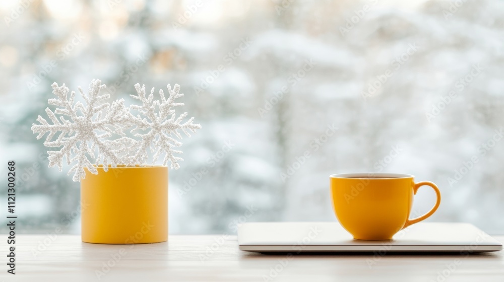 Poster cozy winter workspace with a laptop, tea, and snowflake decor – a serene setting for remote learning