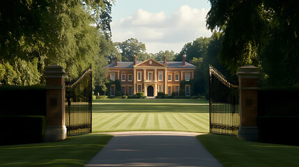 Wide Shot of the Front Gate to an English Country Mansion - Grand Entrance Surrounded by Lush Landscaping and Classic Architecture