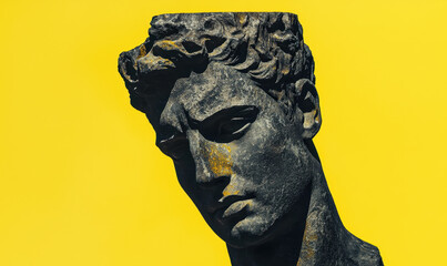 Ancient Sculpture Bust with Dramatic Shadows Against Vibrant Yellow Background