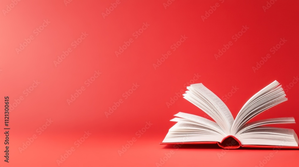 Aufkleber an open book on a red background, inviting reading and exploration.