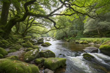 Flowing River with Mossy Stones and Overhanging Trees