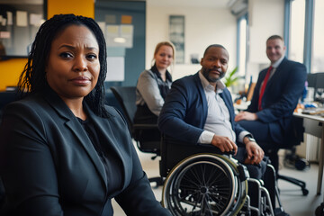 Corporate portrait of a diverse business team including people of different races and different abilities, including a man in a wheelchair.
