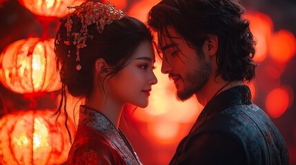 Romantic moment between couple in traditional attire with lanterns in background