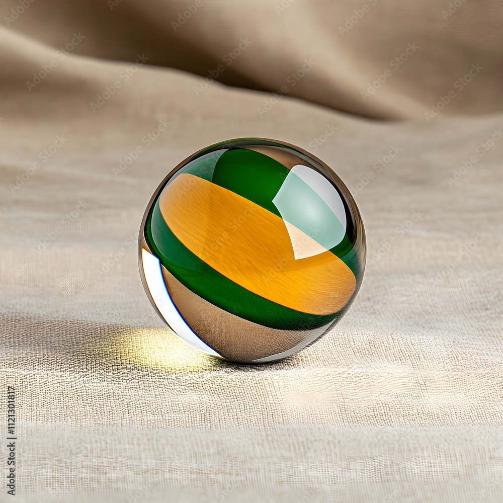 Poster colorful glass ball on soft fabric surface with natural light reflection and highlighting unique pat