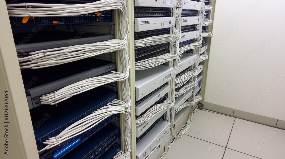 Poster server rack with tidy cables and network equipment in data center environment
