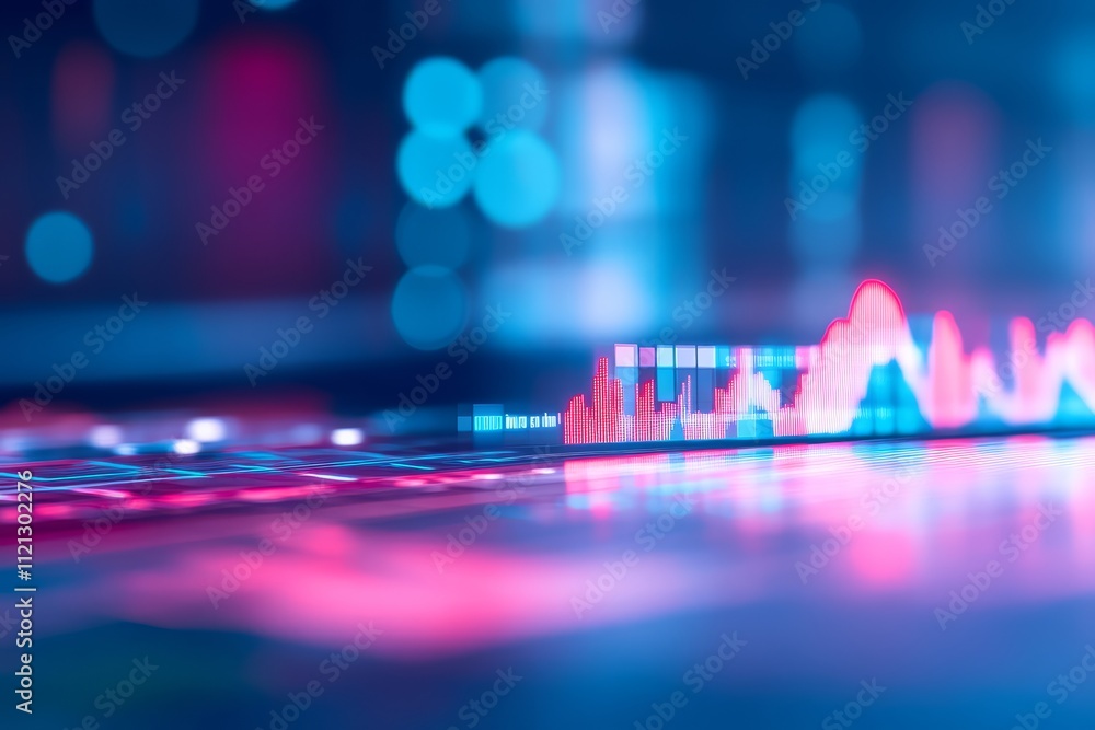 Poster a colorful digital representation of data visualization, featuring vibrant peaks and valleys, sugges