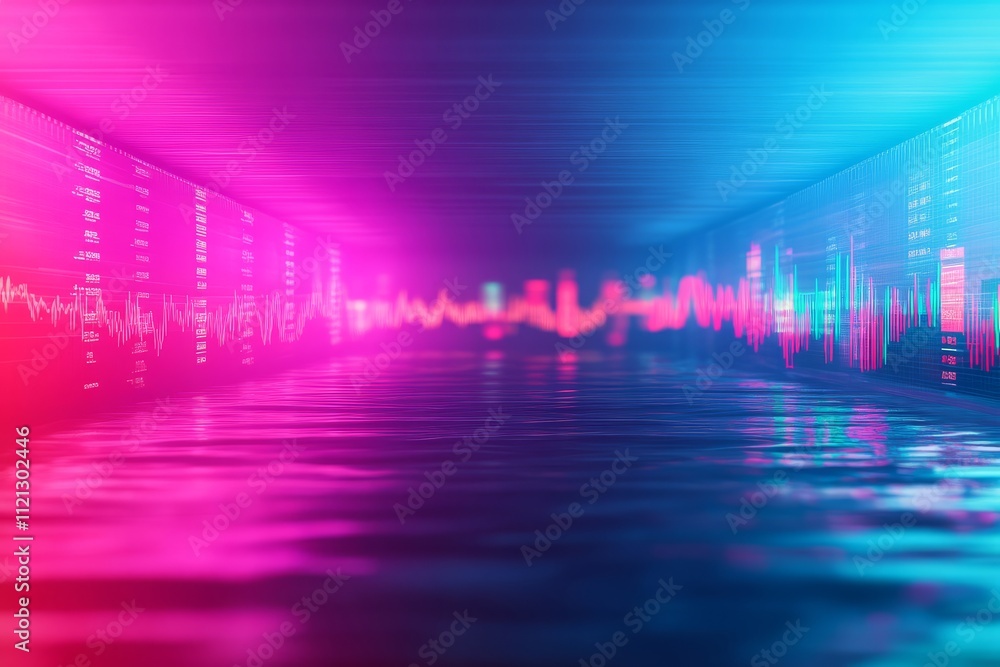 Poster a vibrant, futuristic scene depicting colorful sound waves reflecting on a water surface, creating a