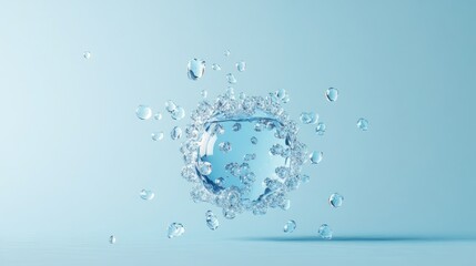 Creative 3D illustration of water drops scattered on a bright blue background.