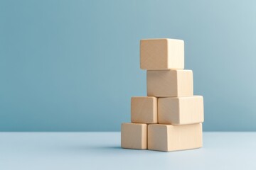 Obraz premium A minimalist arrangement of wooden blocks stacked against a soft blue background, evoking creativity and playfulness.