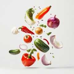 Fresh assorted vegetables floating against white background
