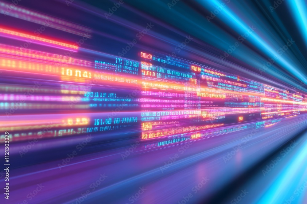 Poster abstract image showcasing vibrant, colorful light streaks representing data flow and technology in a