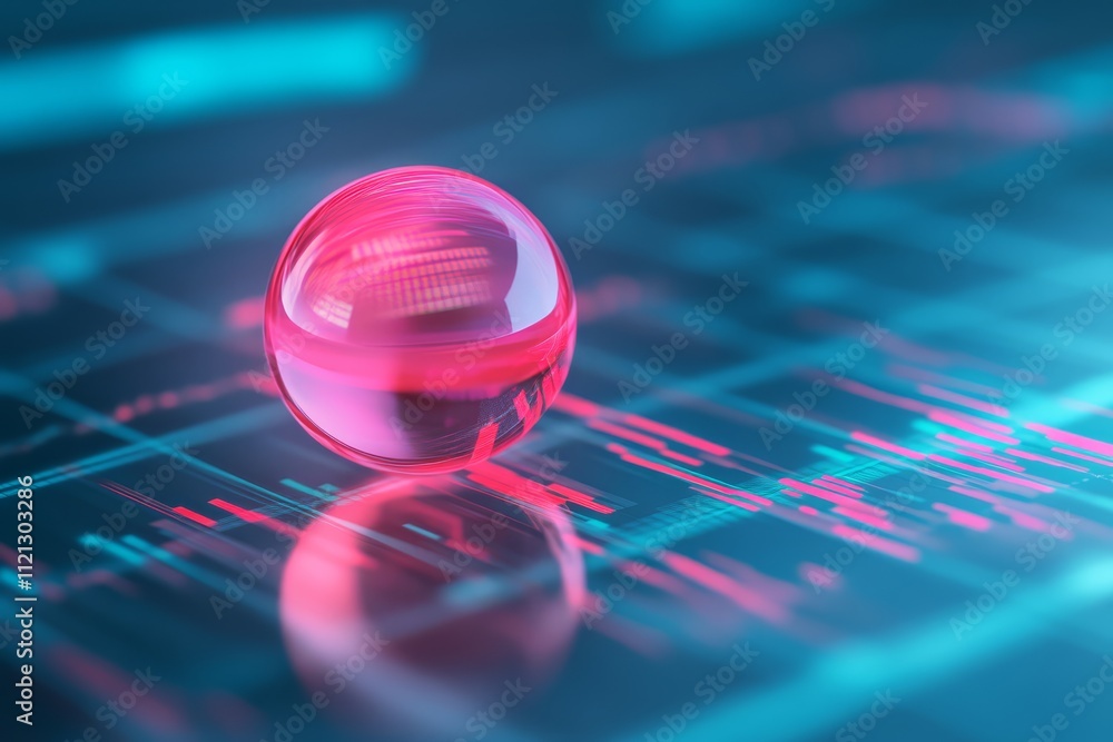 Poster a glowing pink sphere sits atop a digital grid, reflecting data patterns in a futuristic, tech-inspi